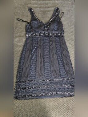 Sue Wong Embellished Charcoal Beaded Mini Dress